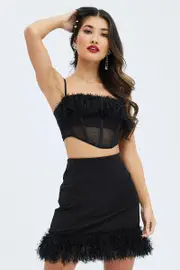 Black Faux Feather Trim Bodycon Mini Skirt - Size 12, Women's Mini Skirt