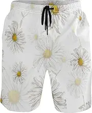 [GuoChe] Men's Beach Shorts Chamomile White and Gold Quick Dry Swimwear Beach Swim Shorts Bathing Suits Mesh Lining