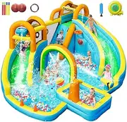 FINCOME Inflatable Water Slide, Bounce House with 2 Slide for Kids, Inflatable Waterslide Park with Splash Pool, Basketball Hoop, Ball Shooting & Water Cannon for Backyard, Outdoor, Indoor
