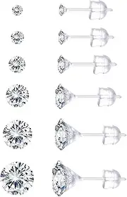 [Sanfenly] 6Pairs Clear Plastic Post Stud Earrings for Women Plastic Earrings for Sensitive Ears Cubic Zirconia Stud Earrings Set 3mm-8mm