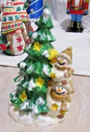 Handmade Ceramic Snowmen and tree figurine