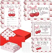 Fuutreo 25 Pcs She Is the Cherry on Top Baby Shower Invitation Bundle Thank You Invitation with Envelope Book Request Card Diaper Raffle Ticket Pink Gender Reveal Card for Girl Baby Shower Supply