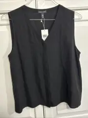NWT, Eileen Fisher silk, black, V-neck, covered button front tank top, size M