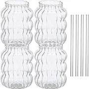 ZLHETWT 8Pcs Ribbed Glass Cups Set Creative Wavy Drinking Glasses Clear Glassware for Coffee Cocktail Juice Water Soda Tea Drinking Glasses Straws 650ml