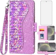 [Asuwish] Phone Case for Samsung Galaxy S24 FE 5G Wallet Cover with Tempered Glass Screen Protector and Wrist Strap Flip Card Holder Bling Glitter Cell Accessories S 24 EF S24FE 24S Women Girls Pink