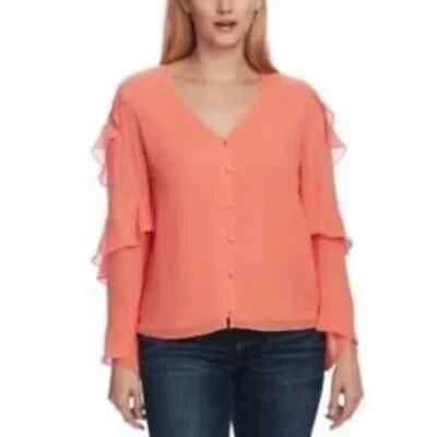 Womens Size XSmall Vince Camuto Bright Coral Tiered Sleeve Chiffon Blouse Top