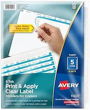 Avery 5-Tab Binder Dividers, Easy Peel Clear Labels for Copiers, Index Maker, White Tabs, 5 Sets (11421)