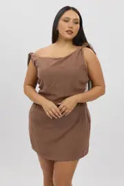 Brown Tie Shoulder Minidress