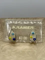 Vintage New NOS Kramer Teardrop Enamel Gold Stud Earrings Dainty Retro 90s
