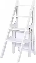 4 in 1 Folding Bamboo Ladder Chair, 3 Step Convertible Wood Ladder Stool Library Ladder Bookshelf Plant Stand for Home Office Library Kitchen Loading 330 Lbs(Color 2)