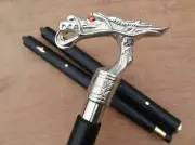 BRASS SILVER DRAGON HEAD HANDLE BROWN WOODEN CANE WALKING STICK HANDMADE GIFTS