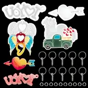 KyeeaDIY 4pcs Love Heart Couple Keychain Resin Molds Kit for Valentine's Day + 10 Set Metal Key Rings Cupid Love Resin Keychain Molds Truck Silicone Mold Car Shaped Epoxy Casting Moulds