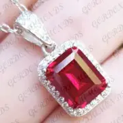 5.70ct Emerald Cut Natural Ruby & Diamond Pendant 18K White Gold Plated No Chain