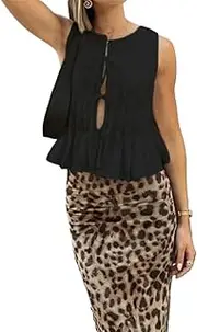 [Generic] Linen Bow Tie Front Tank Top Women Babydoll Peplum Blouses Y2k Style Sleeveless Pleated Ruffle Tunic Shirt