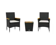 vidaXL 3 Piece Bistro Set with Cushions Black Poly Rattan and Glass