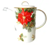 New~RARE~Coffee Pot~MIKASA~Holiday Bloom~AMARYLLIS~Berries~PINECONES~Gold~CX050