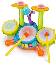 Pafunepu Toddler Drum Set 1-3 Years Rock and Roll Musical Instrument Toy with 3 Drums, 2 Cymbals, Microphone, 5 Modes, Lights & Volume Control