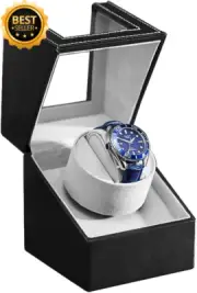 Automatic Watch Winder,Quiet Motor,Wood Shell, Black Leather, AC/Battery Powered