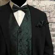 Dark Green Paisley Tuxedo Suit Dress Vest Waistcoat & Bowtie Hankie Wedding Prom