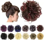 [IMISSU] 2PCS Messy Bun Hair Piece Updo Fake Scrunchies Ponytail Extension Wavy Curly Hairpieces Chignon Headband for Women Girls (2PCS Brown Burgundy)