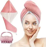 Microfiber Hair Towel with Scalp Massager, Hair Towels Wrap for Women, Fast Dry Plopping Hair Turbans for Wet/Curly Hair, 2 Pack: Shampoo Brush Scalp Scrubber + Hair Drying Towel, Pink