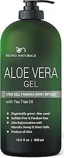 Aloe vera Gel - from 100% Pure Organic Aloe Infused with Manuka Honey, Stem Cell, Tea Tree Oil - Natural Raw Moisturiser for Face, Body, Hair. Perfect for Sunburn, Acne, Razor Bumps 500ml