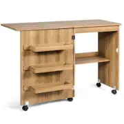 Folding Sewing Craft Table Shelf Storage Cabinet Home Furniture-Natural - Color: