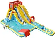 HONEY JOY Inflatable Water Slide, Outdoor Jumping Castle Splash Park with Sprinklers, Water Gun, Climbing Wall, Extra Long Slide & 2 Swimming Rings, Blow-up Water Park for Yard (Without Blower)