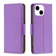 For iPhone 15 Case, Lychee PU Leather Wallet Cover, Purple
