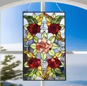 Stained Glass Window Panel Suncatcher with Floral Roses Design 20x32in