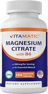 Vitamatic Magnesium Citrate 500mg per Serving - 180 Vegetarian Capsules (Provides 150 mg of Elemental Magnesium) - Added B6 for Maximum Absorption - Supports Muscle, Joint, and Heart Health*