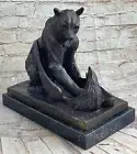 Art Deco Bear Hunting small Bird Genuine Bronze Sculpture Marble Base Artwork
