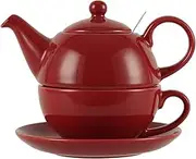 London Pottery Globe Filter Teapot, Cup and Saucer, for One Set, Ceramic, Red, for Loose Leaf Tea, Gift (Teapot-16.9 fl.oz/500 ML, Cup-10.1 fl.oz/300ML)