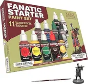 The Army Painter Warpaints Fanatic: Starter Set Combo, 11 paints: 7 acrylic colours, 2 Metallics, 1 Wash, 2 Brushes & 1 Free Miniature figure, For models and miniature painting