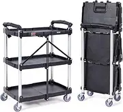 [VEVOR] Foldable Utility Service Cart, 3 Shelf 165LBS Heavy Duty Plastic Rolling Cart with Lockable Wheels, Ergonomic Handle, Portable Garage Tool Cart for Warehouse/Office/Home(25.62"x15.43"x32.76")