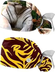[YTYVAGT] 2-Pc,Nurse Scrub Caps,Scrub Hats with Buttons and Cotton Sweatband,Jungle Animal Tiger Pattern