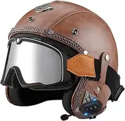 Bluetooth Open Face Leather Helmet Motorcycle Helmet Vintage Motorcycle 3/4 Helmet Jet Helmet with Personalized Visor for Adult Men Women DOT/ECE Approved