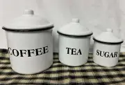 Farmhouse COFFEE TEA SUGAR White Black Enamelware Canister Set Metal Cottage VTG