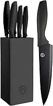 MasterChef Universal Kitchen Knife Set with Taco Stand with Set for Bread, Onion, Chef, Meat and Paring, in Stainless Steel, 5 Pieces, Black, Stainless Steel, Black, Soft Touch