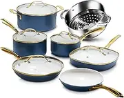 Gotham Steel 12 Pc Ceramic Pots and Pans Set Non Stick, Kitchen Cookware Sets, Pot and Pan Set, Ceramic Cookware Set, Non Toxic Cookware Set, Non Stick Pots and Pan Set, Dishwasher Safe - Cream Navy…