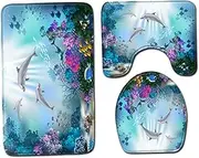 Bathroom Mat Sets 3 Piece, Absorbent Washable Non-Slip Ocean Bathroom Rug Set with Bath Mat, Toilet Lid Cover and U-Shaped Contour Rug, Set