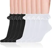 [KALIONE] 4 Pairs Ruffle Socks, Women's Ruffle Socks, Soft Ruffle Socks, Fashionable Women's Princess Socks, Cute Princess Dress Socks for Women and Girls (2 Pairs Black + 2 Pairs White), black, 10-12