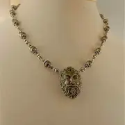 Raku Greenman Necklace with Genuine Freshwater Pearls and Austrian crystal beads