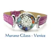 MURANO GLASS WATCH authentic CERTIFICATE Quartz SEIKO leather CHROME, D. Fuchsia
