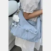 Plain Drawstring Faux Leather Tote Bag Blue - One Size