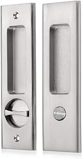 Sliding Door Handle for Bath, Barn Door Flush Handle, Privacy Round Pocket Lock (Rectangle Handle for Bath, Satin Nickel)