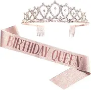 Birthday Queen Sash & Rhinestone Tiara - Rose Gold Birthday Gifts Glitter Birthday Sash Birthday Party Favors