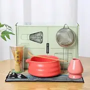 7pcs Complete Matcha Tea Set, Japanese Ceremonial Matcha with Whisk, Holder, Ceramic Bowl, Sifter, Scoop,red