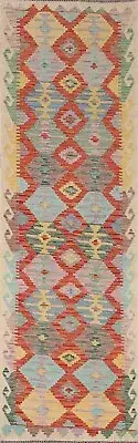 Handmade Wool Kilim 3x10 ft. Reversible Colorful Oriental Entryway Runner Rug