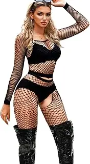 [EHSUYAB] Women Rave Outfits 2 Piece Sets, Sexy Fishnet Bodysuit Top Cutout Stockings, Sheer Jumpsuits Party Clubwear Fits 0-12